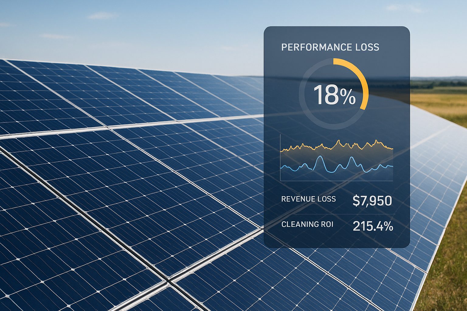 Solar panels with a dashboard showing performance loss, revenue loss and cleaning ROI